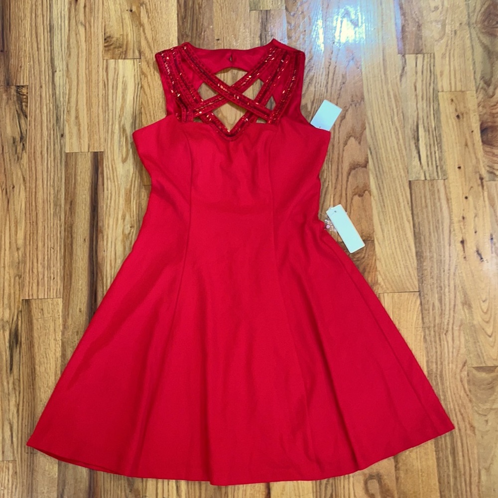 New Nordstrom a. drea beaded strap beaded front mini fit n flare RED dress  L